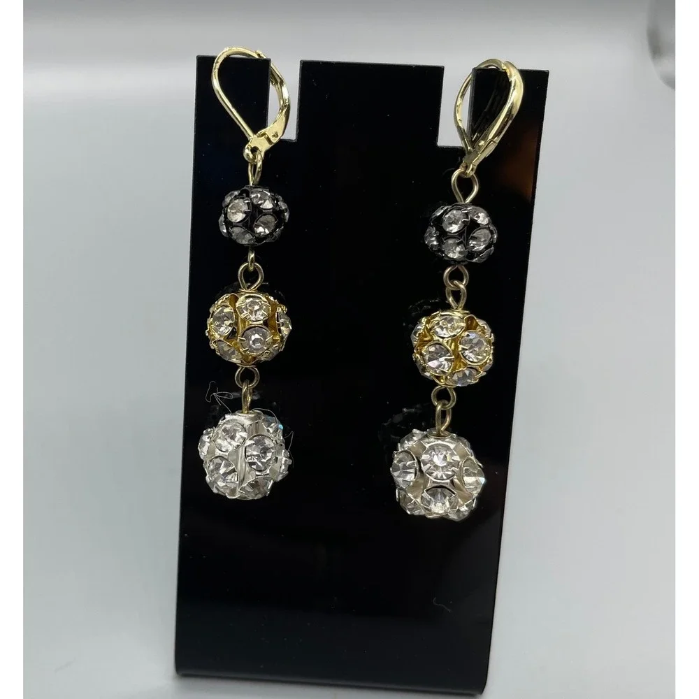 Gold Silver Black Rhinestone Disco Ball‎ Triple Drop Leverback Earrings Women